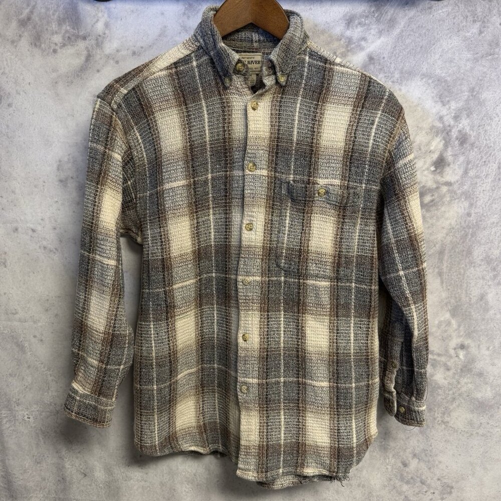 Vintage New River Waffle Knit Thermal Button Up Shirt Mens S 18x25.5 Long Sleeve